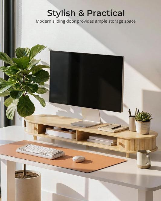 Bamboo Dual Monitor Stand with Storage, 42 Inch Desk Shelf Riser
