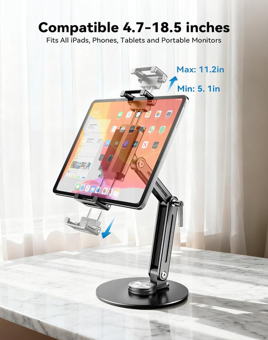 Portable Monitor Stand Large Clamp - Heavy Duty Aluminum Body Support up to 4.4LBS 16" 17.3" 18.5 inch 360° Rotating Base Swivel Foldable Desk Stand for iPad Holder Tablet Mount for Kitchen/Travel