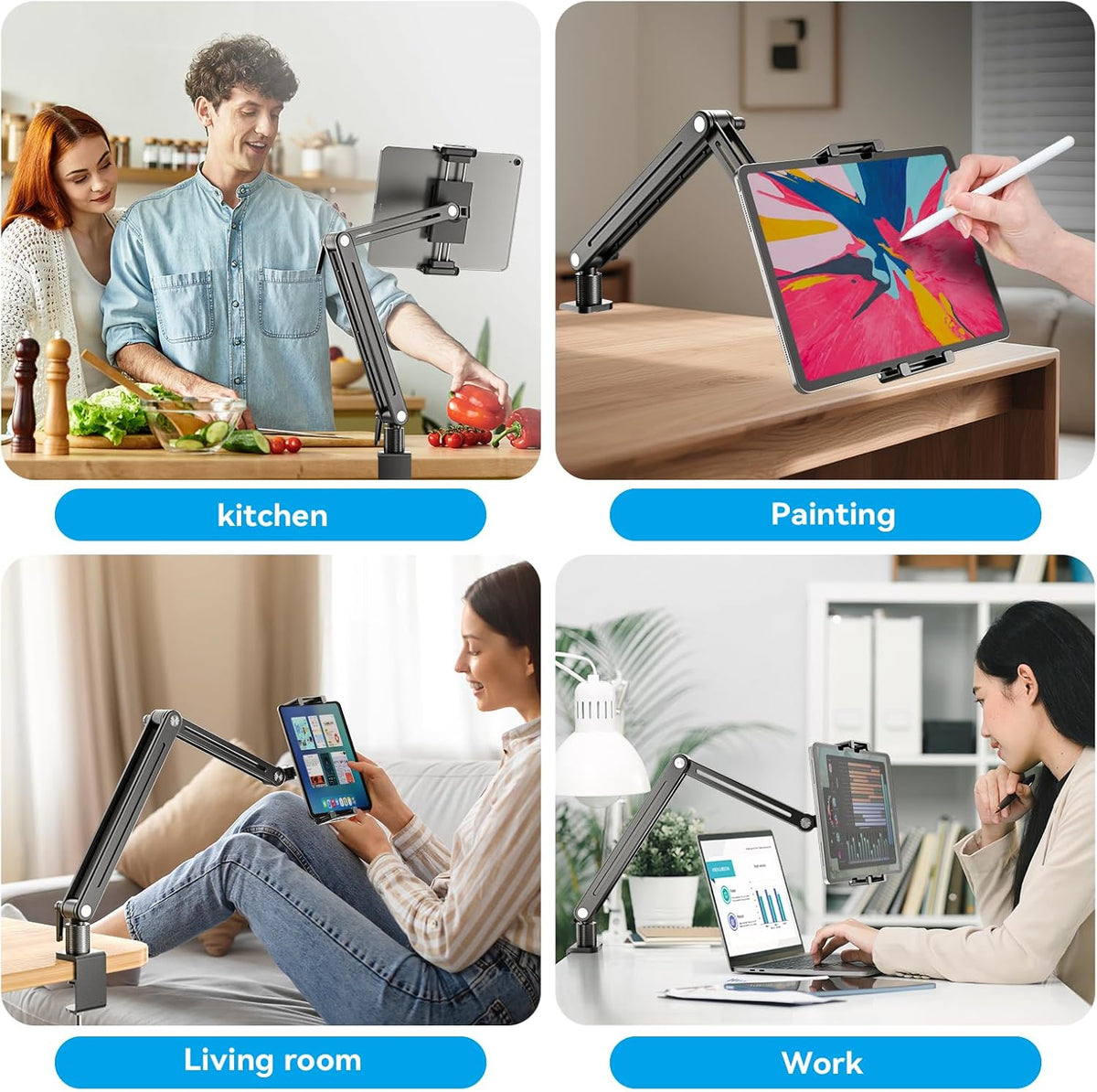 Portable Monitor Stand Large Clamp - Heavy Duty Aluminum Body Support up to 4.4LBS 16" 17.3" 18.5 inch 360° Rotating Base Swivel Foldable Desk Stand for iPad Holder Tablet Mount for Kitchen/Travel