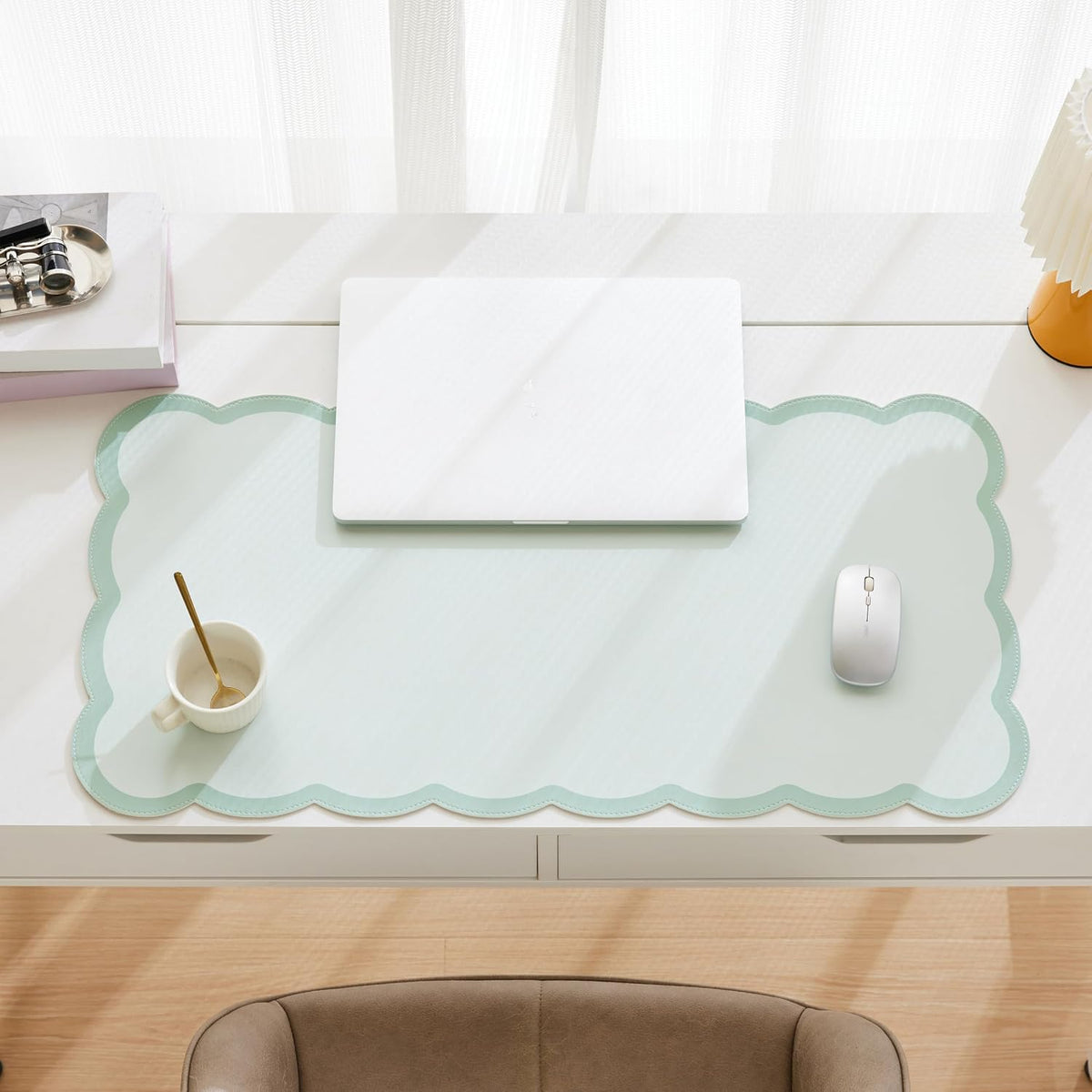 Scalloped Desk Mat, 31.5" x 15.7" Large Cute Aesthetic Desk Accessories, PU Leather Computer Laptop Desk Mouse Keyboard Pad, Desk Writing Mat for Vanity/Work/Home Decor (Beige, 31.5" x 15.7")