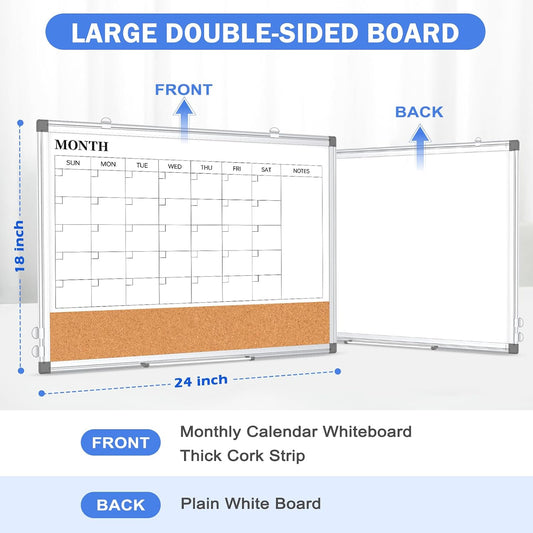 Dry Erase Calendar Whiteboard for Wall, 24" x 18" Monthly Cork White Board