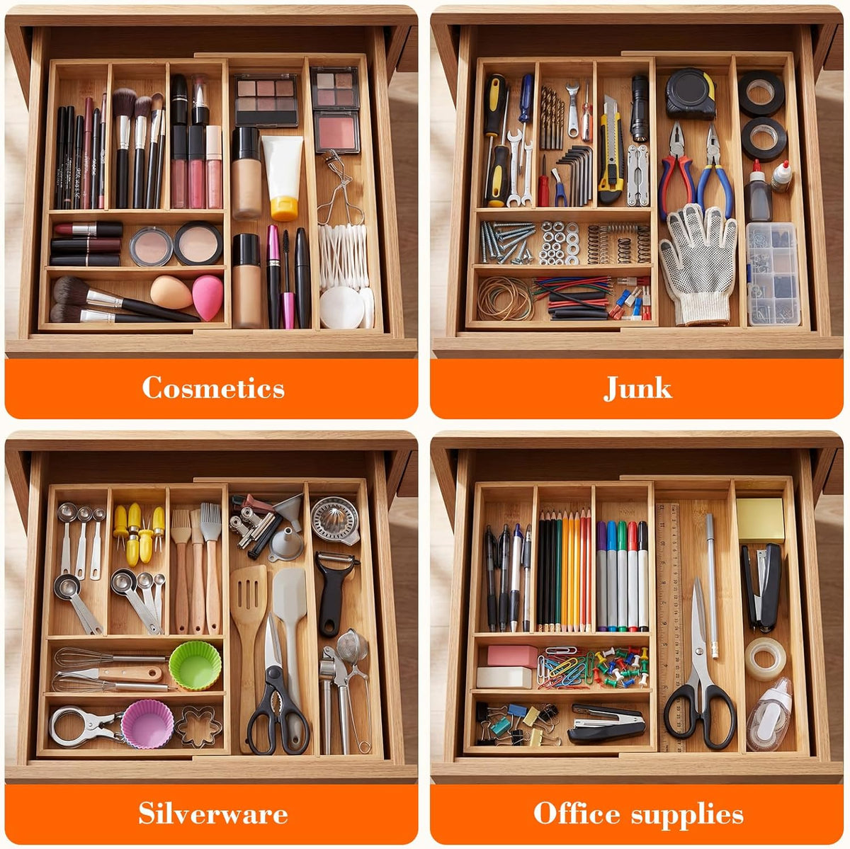 Bamboo Sliding Desk Drawer Organizer 8.2'' up to 16.4'' x 14.4'' x 2.2'' Expandable Office Desk Accessories Supplies Tray with 7 Compartments for Pens, Notebooks, Rulers, and Makeup Jewelry Vanity