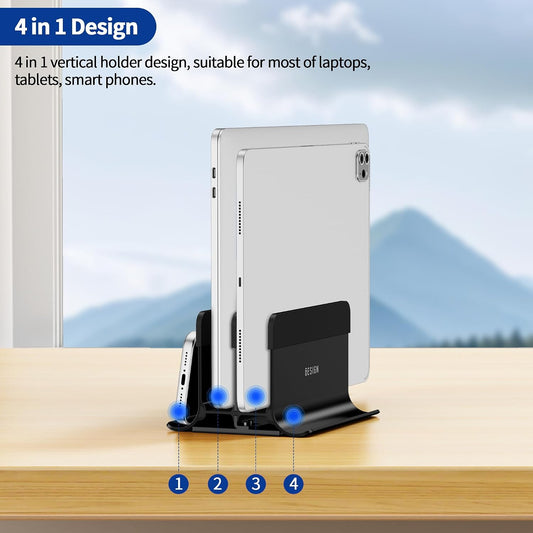 LS13 Vertical Laptop Stand Holder for Desk, 4 in 1 Desktop Stand Holder for Laptops, Tablets, Smart Phones