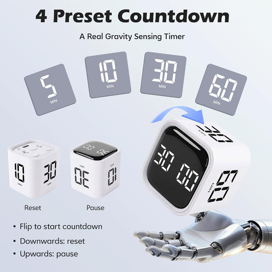 Pomodoro Timer Cube, Productivity Visual Timer Flip, 5/10/30/60 Min Preset Custom Countdown, ADHD Tool Rotating Countdown Stopwatch, Vibrate/High/Low Volume, for Study, Work, Game, Kitchen-White