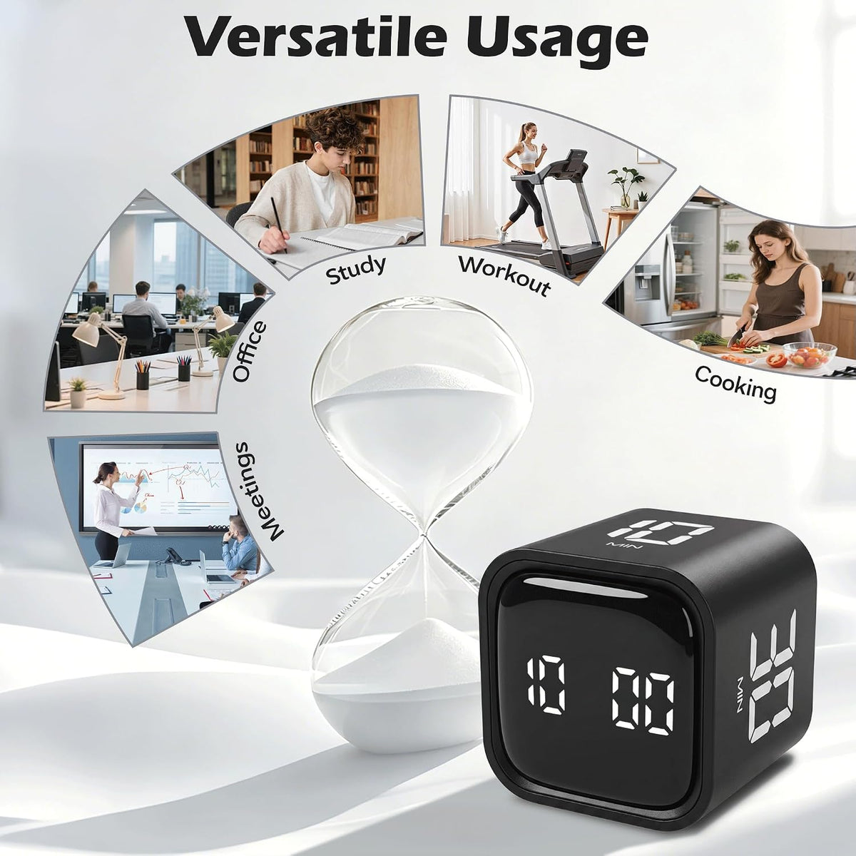 Pomodoro Timer Cube, Productivity Visual Timer Flip, 5/10/30/60 Min Preset Custom Countdown, ADHD Tool Rotating Countdown Stopwatch, Vibrate/High/Low Volume, for Study, Work, Game, Kitchen-White