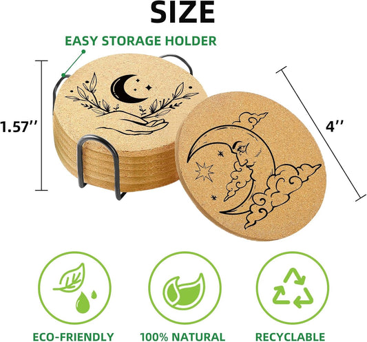 Coasters for Drinks with Holder Set of 6, Vintage Sun Moon Absorbent Cork Wood Coaster for Cup Desk Office Table Decor House Warming Gifts, Round 4"