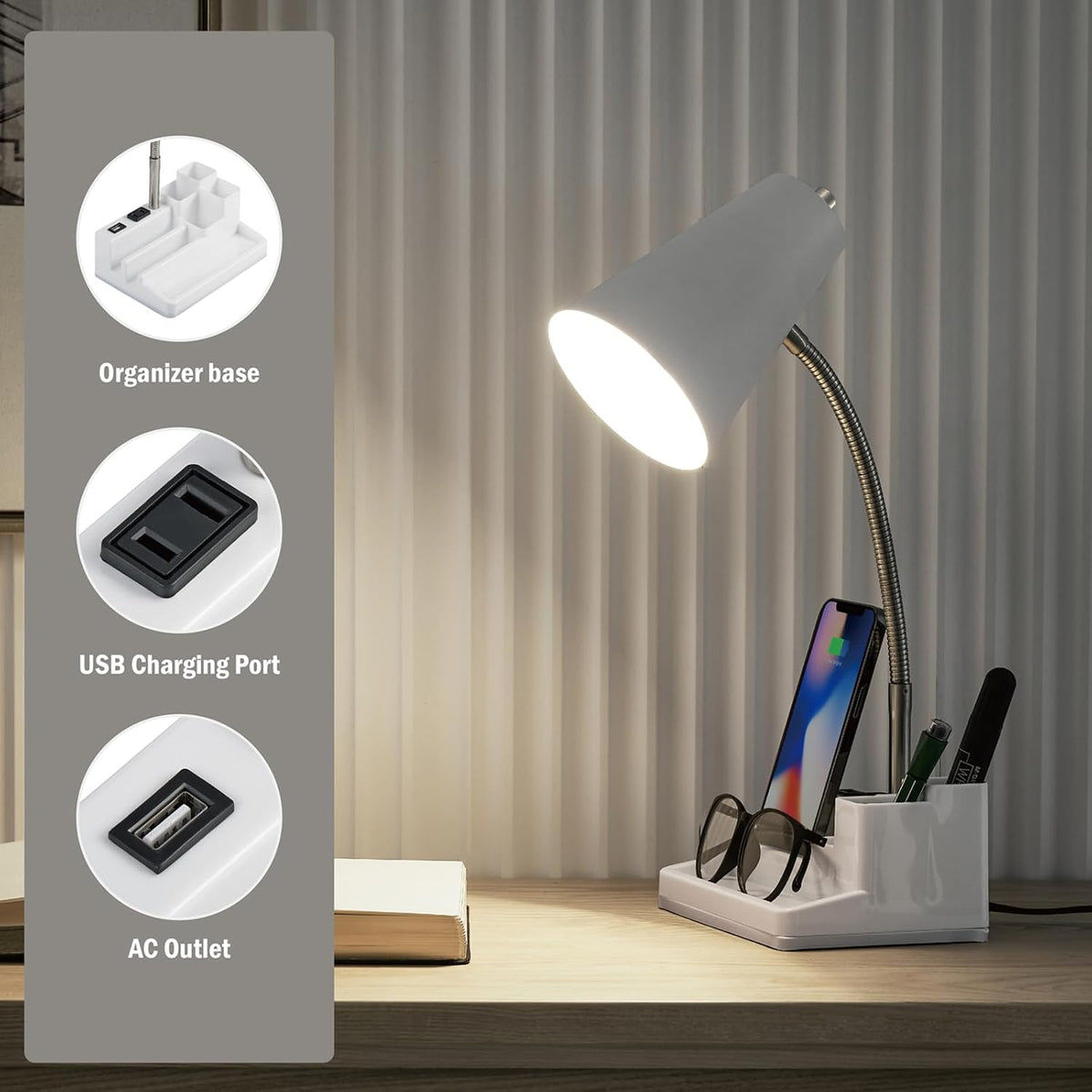 Small Desk Lamps for Home Office, Table Lamp with USB Port and Outlet, Desktop Lamp with Pen Holder, Flexible Neck Desk Lamp, Black Table Lamp for Reading Study