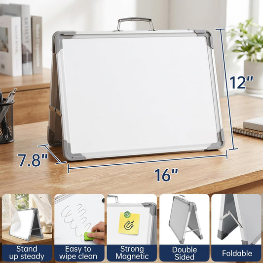 TSJ OFFICE Small Dry Erase White Board - 12" x 16" Mini Easel Desktop Double Sided Whiteboard, Portable Magnetic Board on Table Top with Holder for Drawing, Teacher Instruction, Memo Board