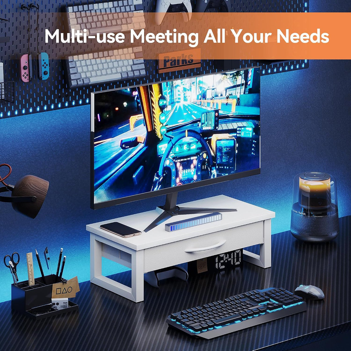 Computer Monitor Stand Riser with Drawer, 2-Tier Desk Accessories & Workspace Organizers, Laptop Stand for Desk with Storage, Office Organization, Wood