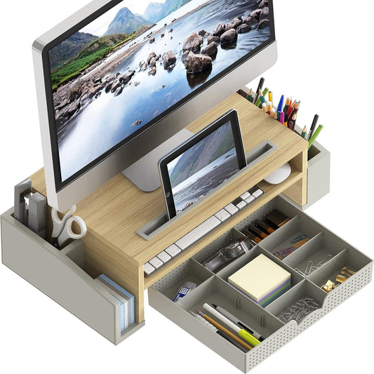 Desk Monitor Stand Riser w/ Adjustable Tray, Oak