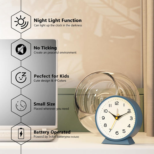 ® 4.5" Analog Alarm Clock, Small Retro Desk Clock and Table Clock
