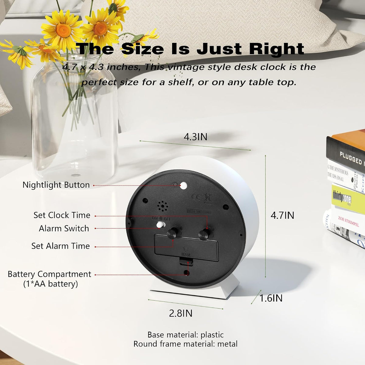 ® 4.5" Analog Alarm Clock, Small Retro Desk Clock and Table Clock