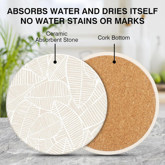 Ceramic Absorbent Table Coasters Set of 2 - Heat-Resistant Desk Cup Coasters with Cork Base, Leaf Design Protect Furniture (2Pack)