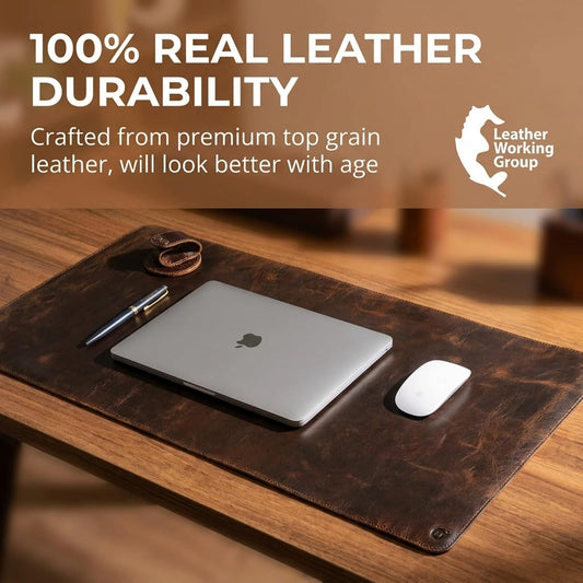 moonster 100% Full Grain Buffalo Leather Desk Pad with Ballpoint Pen & Pen Holder – 31 x 16 in Office Desk Mat, Large Mouse Pad, Non-Slip Desk Blotter, Laptop Table Protector, Desk Cover for Work