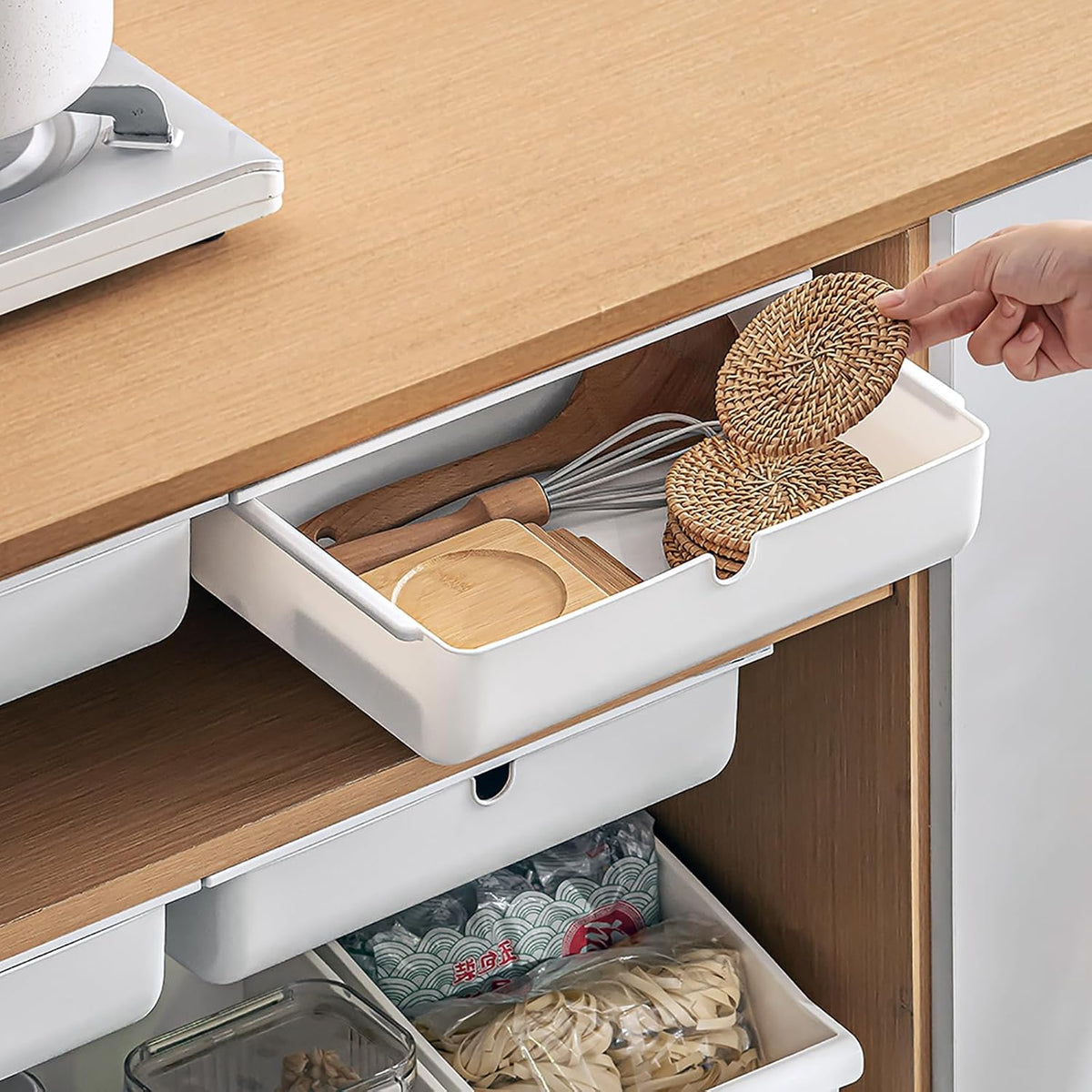 Under Desk Drawer, Large Self-Adhesive Under Desks Organiser, 13x9.2inch Hidden Under Desk Storage Box Cosmetics Case for Storage of Cutlery, Office Supplies, Stationery and Cosmetic (White)