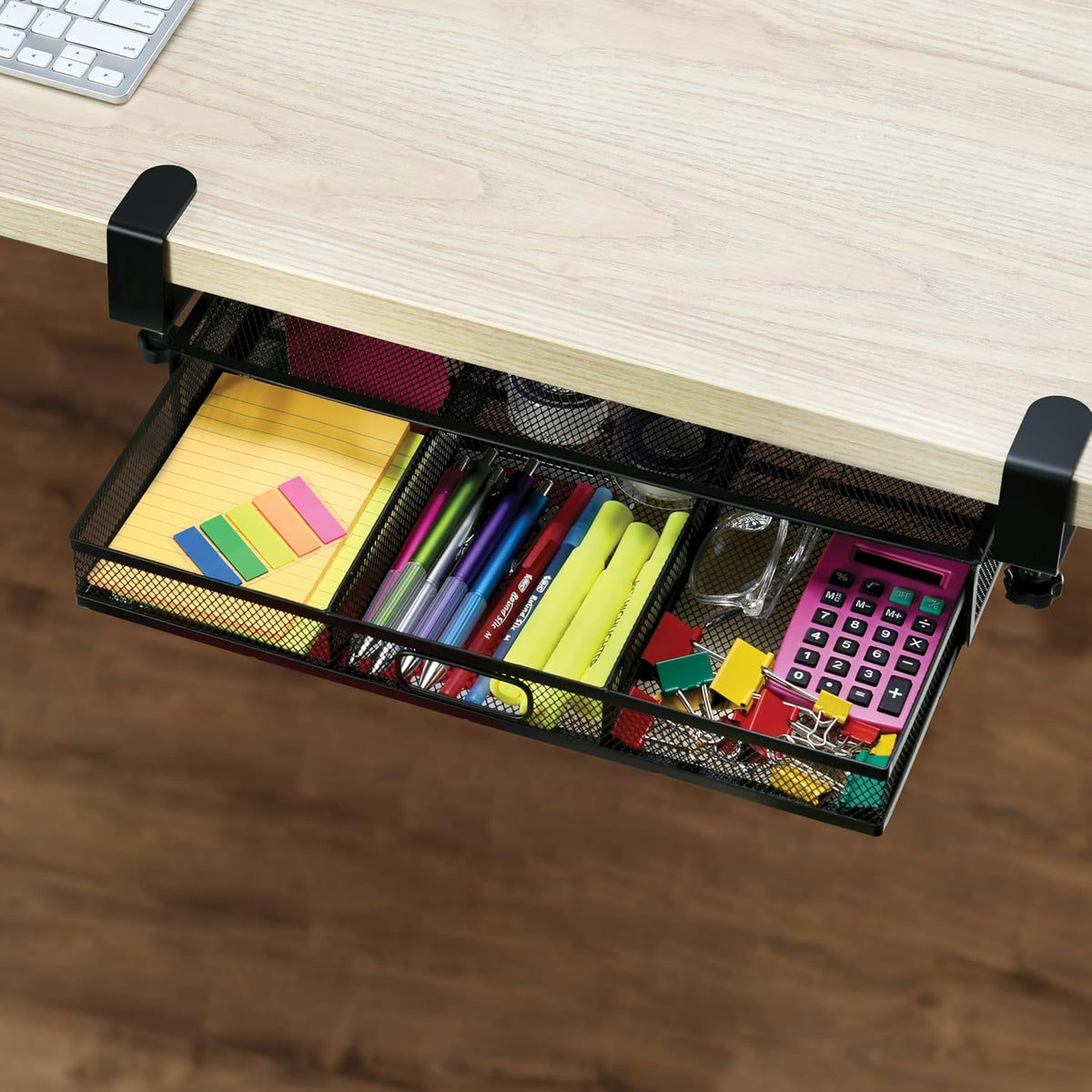 Under Desk Drawer Organizer Clamp-On, Mesh Metal Drawer Attachment, 2 Drawer Slide Out, On Or Under Desk Organizer For Office Supplies & Home Essentials (2 Drawers)