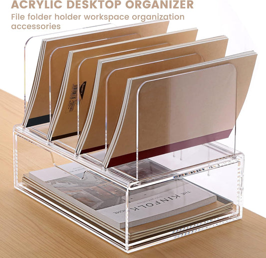 Desk Organizers and Accessories, Acrylic Desk Organizer with Drawer, Office Supplies Organization Storage, Clear Acrylic File Organizer for Desk - 1 Pack