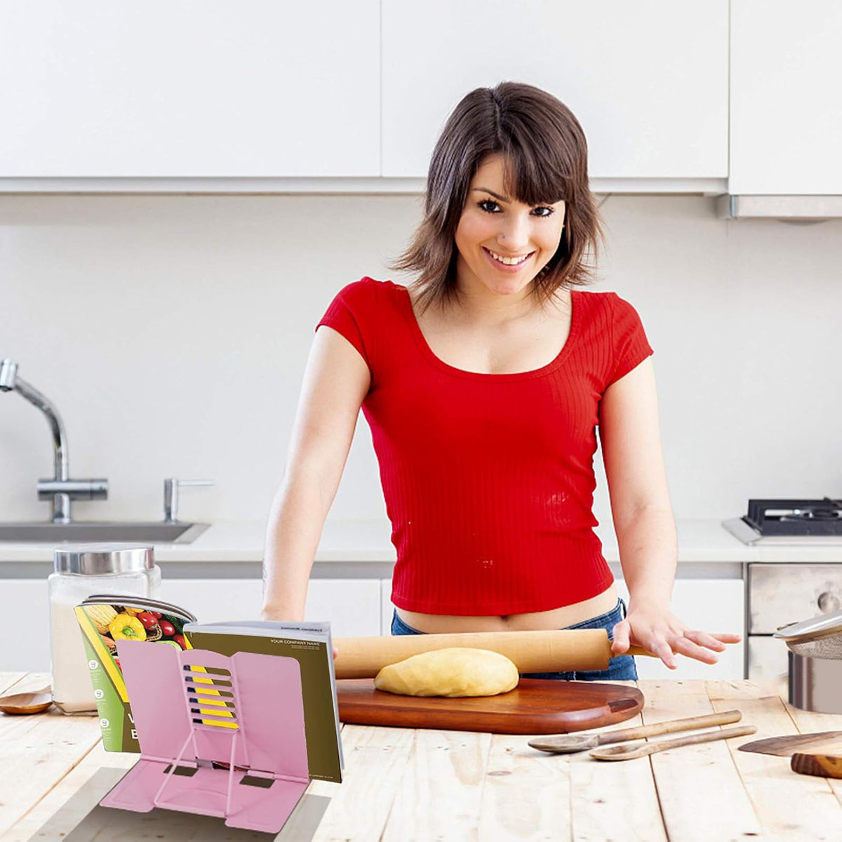Desk Book Stand Holder - Hands Free, Adjustable Metal Stand, Foldable Portable Bookstand - Cookbook, Recipe, Tablet, Music, Documents (Pink)