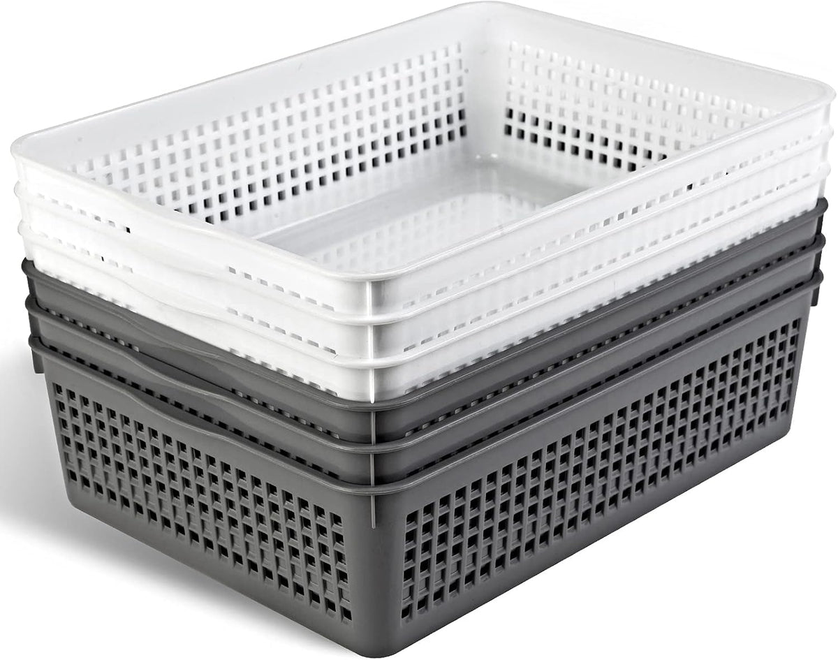 A4 Size Plastic Storage Basket,Desktop File Paper Letter Organizer Tray, 6-Packs (White)