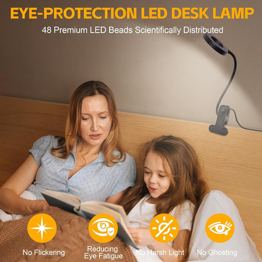 Desk Lamp Clip on Light, 48 LED USB Lamp with 3 Color Modes 10 Brightness Levels, 360° Flexible Gooseneck Eye Protection Bed Night Light for Reading, Makeup, Craft (Black)