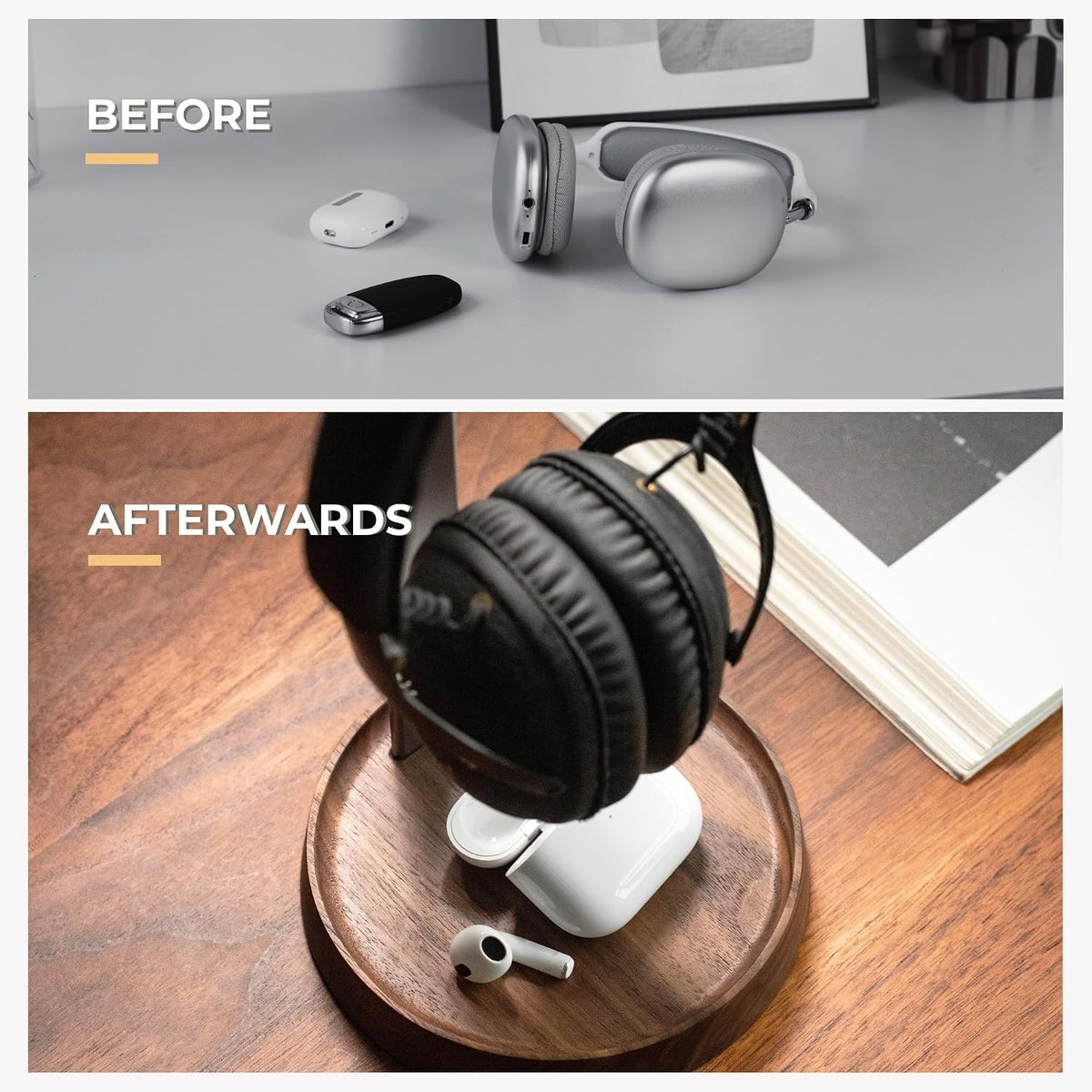 Walnut Desktop Headphone Stand with Storage Base