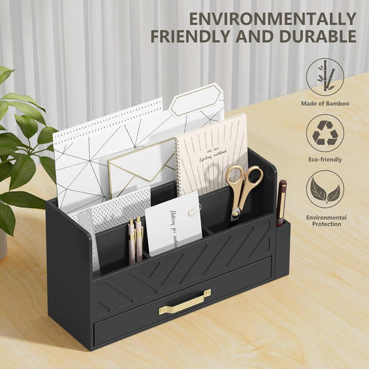 Bamboo Mail Organizer Countertop Pen Holder Wooden Desktop Storage Drawers