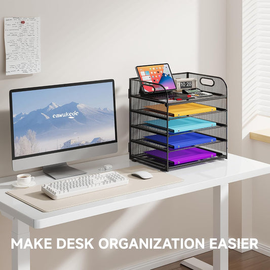5 Tier Paper Organizer with Handle, Black Metal Mesh Desk Organizer File Folder Paper Letter Tray Desktop Document Sorter for Classroom, School, Office Accessories Organization and Storage