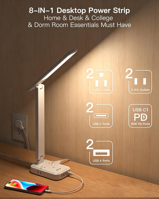 8-in-1 LED Desk Lamp with Power Strip, PD 30W Touch Desk Lamp, 4 Outlets & 4 USB Ports, Eye-Caring Dimmable Table Lamp with 5FT Extension Cord for Home Office College Dorm Room Essentials