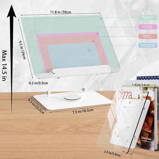 Adjustable Acrylic Book Stand for Reading, 360° Rotating Base, Foldable Desktop Book Holder with Elastic Page Clips, Hands-Free Cookbook Stand for Laptop, Tablet, Recipe, Textbook, Music Score