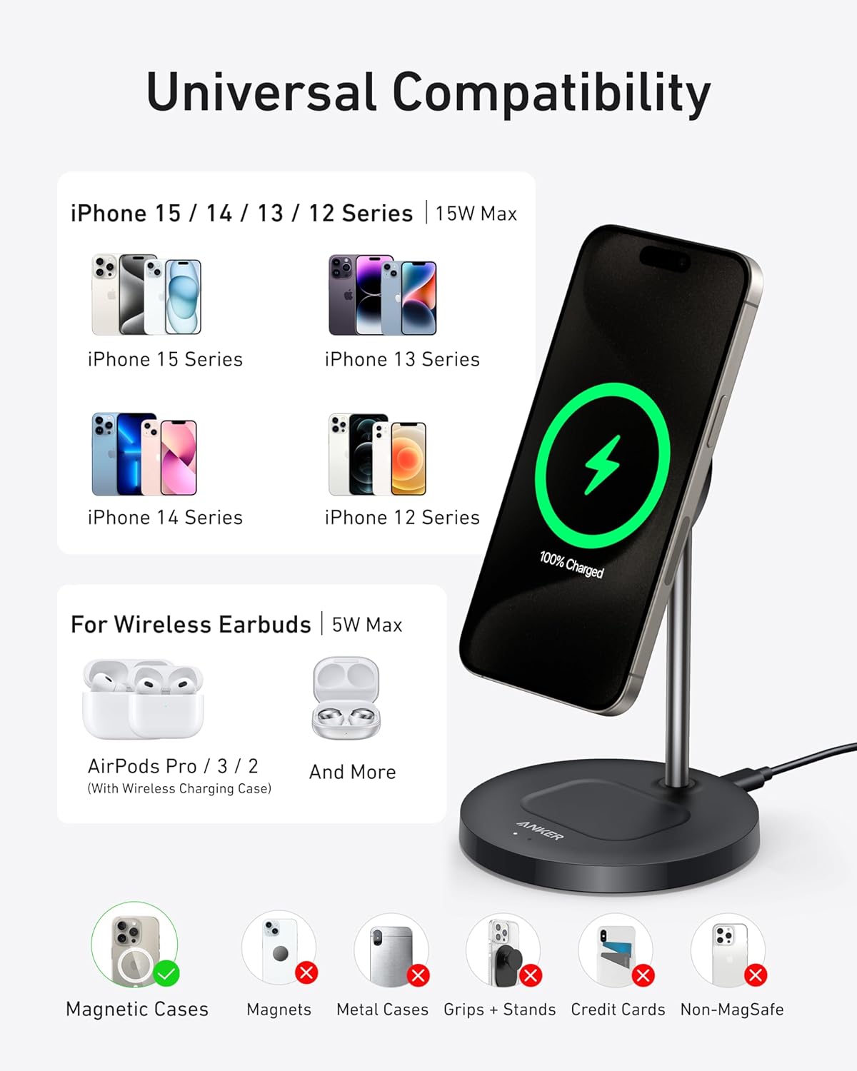 MagGo 2-in-1 MagSafe Compatible Qi2 15W Wireless Charging Stand