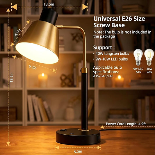 Adjustable Desk Lamp with Dual USB-C/A & AC Outlet 340° Swivel Lamp Head