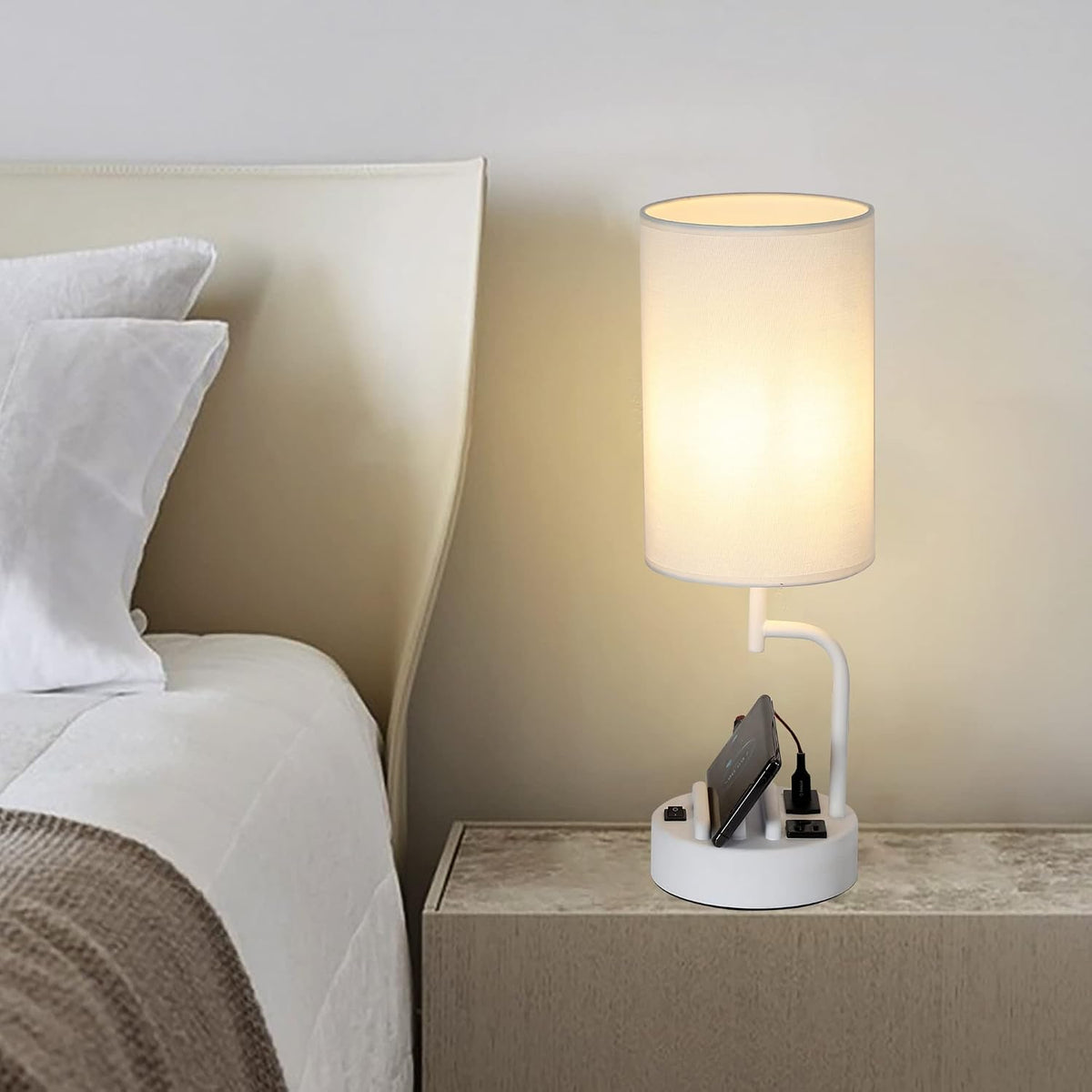 Table Lamp with 3 USB Charging Ports, Modern Desk Lamp with AC Outlet and Phone Stands, Perfect Bedside Lamp for Bedroom, Living Room, Office (Pack of 2), Cream