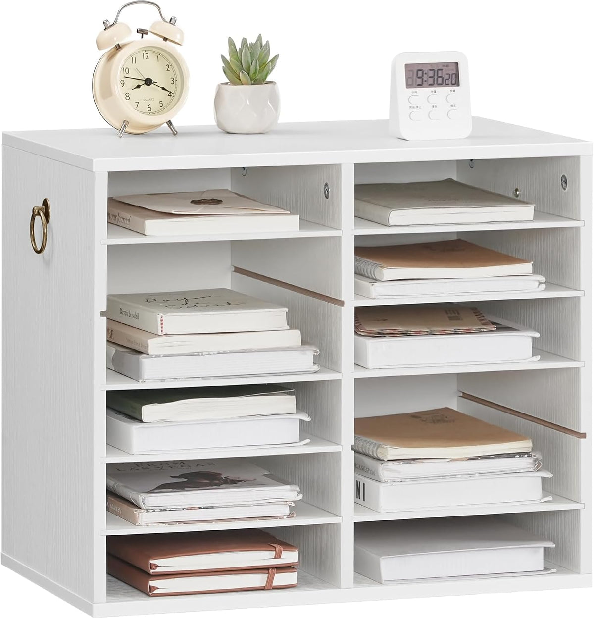 Literature Organizers, 12 Compartments Office Mailbox with Adjustable Shelves, Wood Countertop Literature Sorter for Office, Home, Classroom, Mailrooms Organization Greige BG12WF01