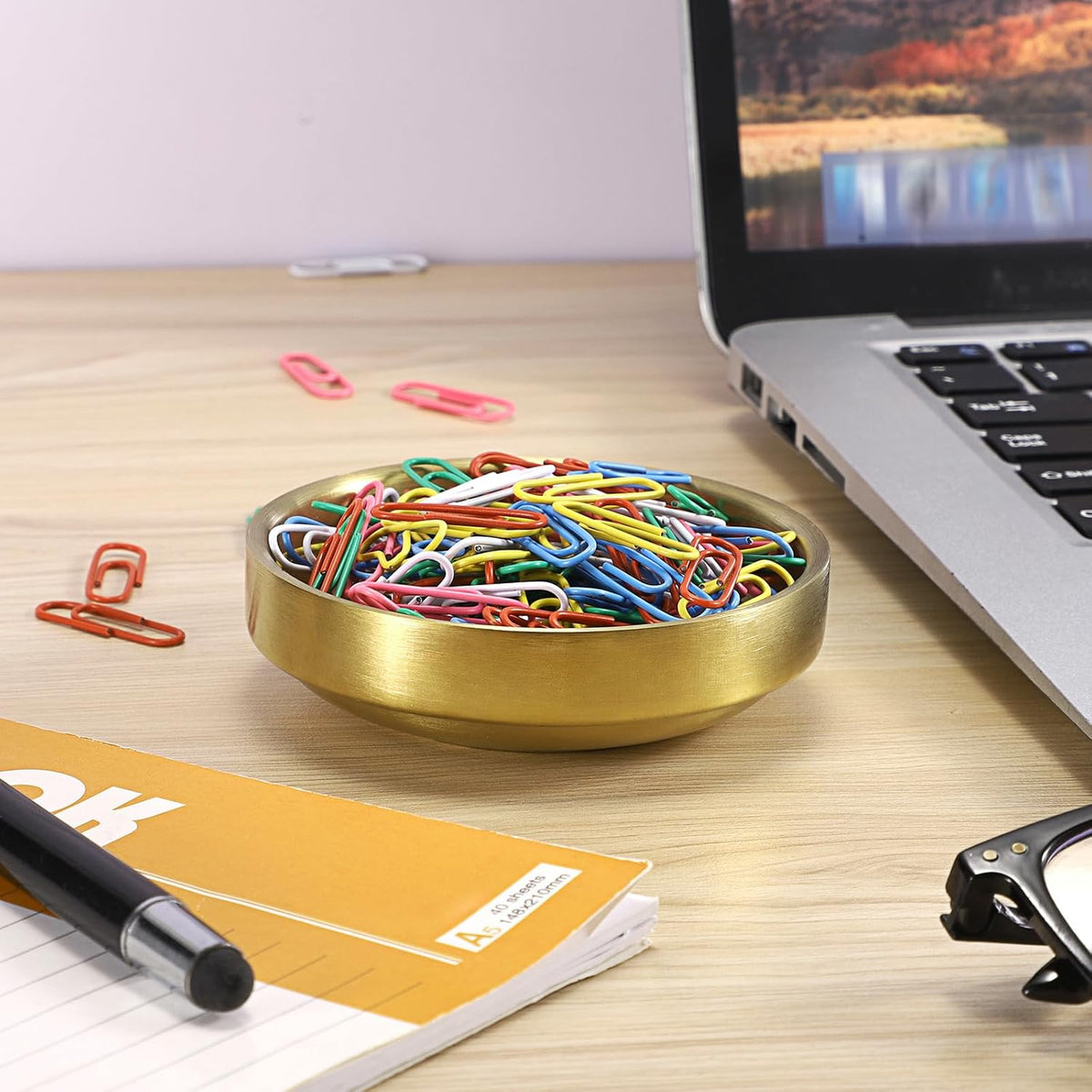 Flat Golden Paper Clip Holder, Stackable Desk Organizer Metal Storage Bowl for Small Office Supplies Paper Clips & Tiny Parts, Cute Round Jewelry Storage for Office Bathroom Vanity