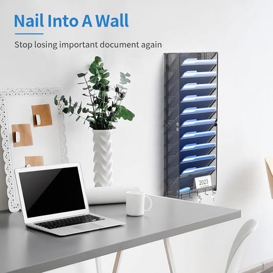 Hanging Wall File Organizer with Hooks, 12 Tier Vertical Wall Mount File Holder, File Folder Wall Organizer for Office
