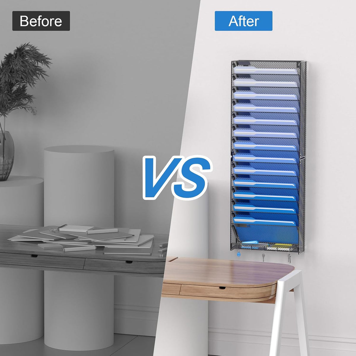 Hanging Wall File Organizer with Hooks, 12 Tier Vertical Wall Mount File Holder, File Folder Wall Organizer for Office