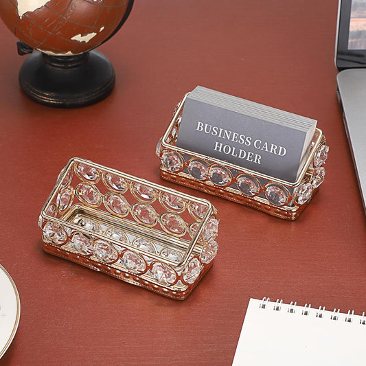 2 Packs Crystal Business Card Holder with Gold Metal for Office Desk