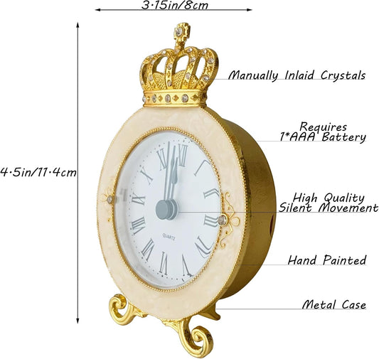 Vintage Mini Analog Table Clock, Silent Crown Table Clock with Hand-Painted Metal Body and Battery Operated Non-Ticking Core for Shelf, Living Room, Bedroom, Bedside, Desk