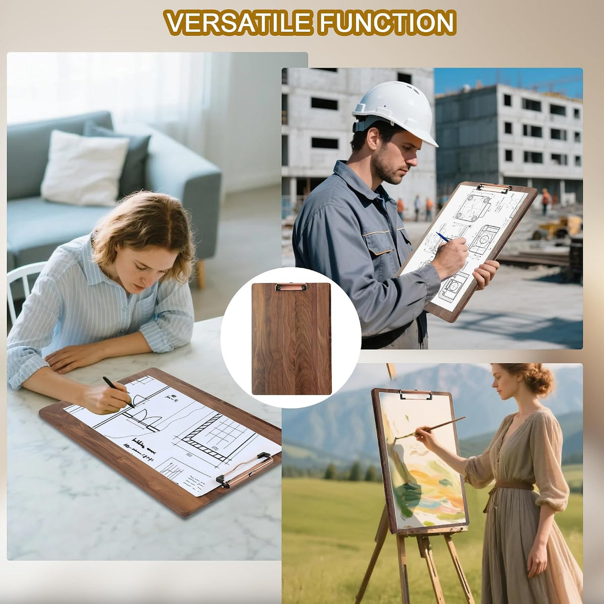 Walnut Wood Clipboard, 9.45" x 6.69" Small Menu Clip Board with Metal Clip and Stable Base, Solid Hardwood, Smooth Edges, Free Stand Holder for Bar, Restaurant, Coffee Shops, Countertops