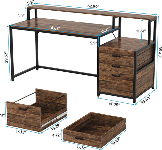 63 Inch Computer Desk with File Drawer Cabinet, Ergonomic Desk