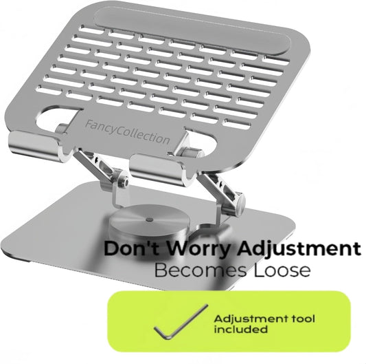 Adjustable Tablet Stand with 360 Rotating Base, Aluminum Dual-Rod Support, Compatible with iPad Pro/Air/Mini, Smartphones and E-Readers, Silver Grey