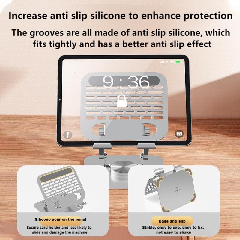 Adjustable Tablet Stand with 360 Rotating Base, Aluminum Dual-Rod Support, Compatible with iPad Pro/Air/Mini, Smartphones and E-Readers, Silver Grey