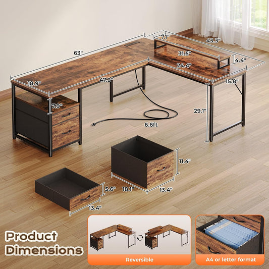 63 Inch L Shaped Desk with Power Outlets and USB-C Port, Computer Corner Home Office Desk with File Fabric Drawers and Movable Monitor Stand, Larger Storage, Gaming, Writing, Rustic Brown