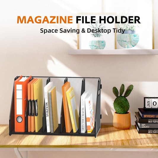 Binder Organizer, Magazine File Holder with 5 Vertical Rack, Black