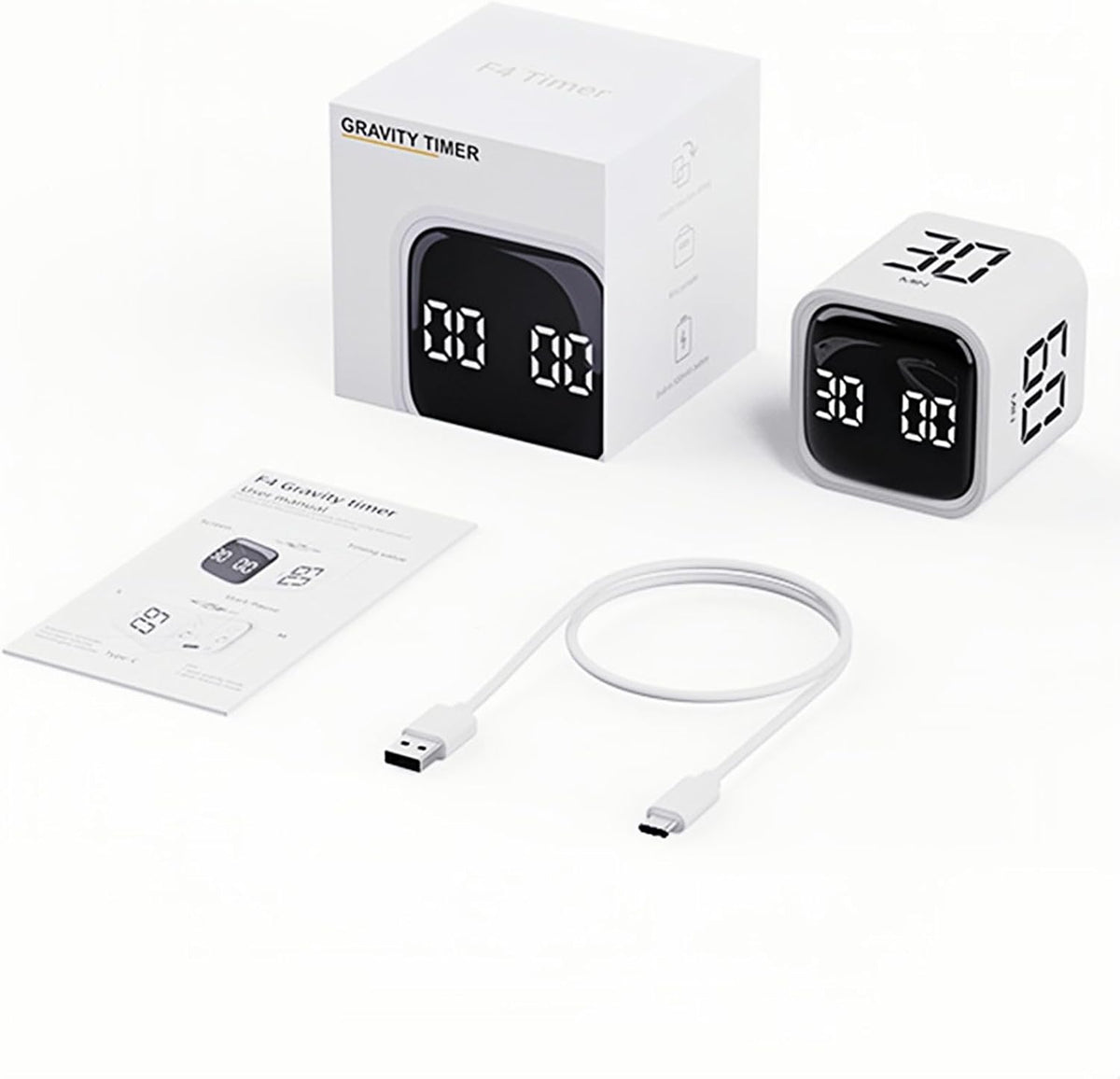 Digital Cube Pomodoro Timer Desk Rechargeable Productivity Timer 5/10/30/60min & Custom Countdown, Vibration & Adjustable Sound Alarm,for Task Work Kitchen ADHD Kids Studying (White)