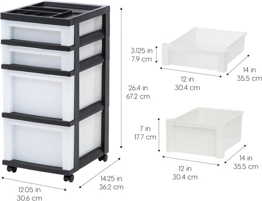 4-Drawer Rolling Storage Cart with Organizer Top, Black/Pearl