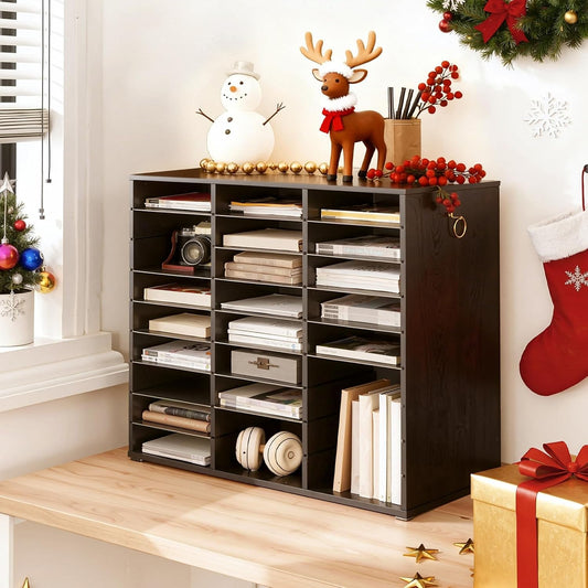 Literature Organizer, 27 Compartments Wooden Mail Organizer, Countertop Literature Sorter with Adjustable Shelves for Home, Office, School, Student Mailbox for Classroom, Black BK27WF01