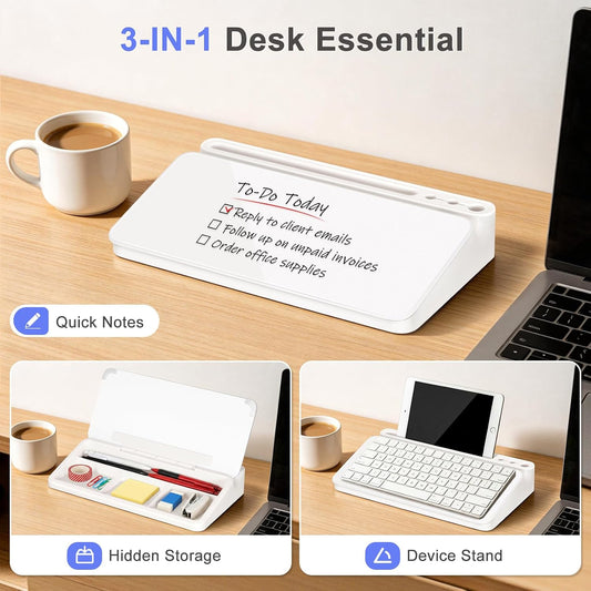 Small Desktop Glass Whiteboard with Storage, Desk Dry Erase White Board