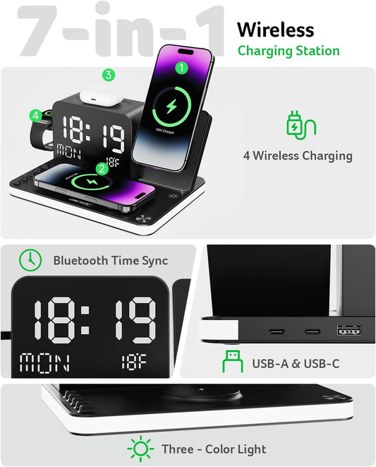 Gadget 7-in-1 Wireless Charging Station Charger Stand for Multiple Devices for Apple - iPhone 17 16 15 14 13 12 Pro Max Apple Watch Airpods, Wireless iPhone Charger Station with Bluetooth TimeSyn