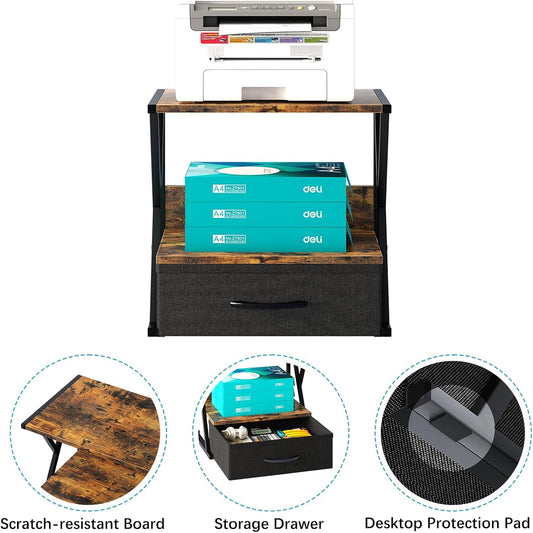 Printer Stand for Desk with Storage Drawer, 2 Tier Desktop Or UnderDesk Shelf, Multi-Purpose Desk Organizer for Home Office, fit Fax Machine/3D Printer/Scanner, Rustic Brown